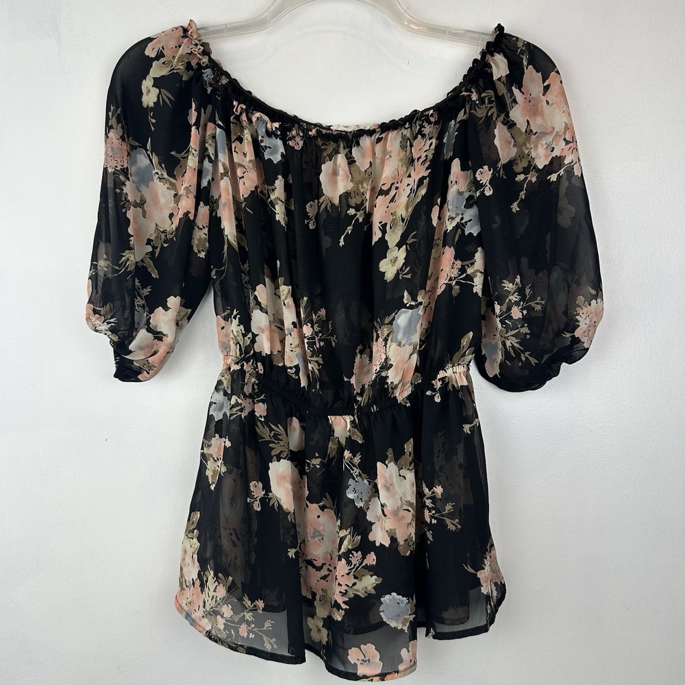 Babydoll Top Womens M Boho Sheer Black Floral Loose Flowy Whimsigoth